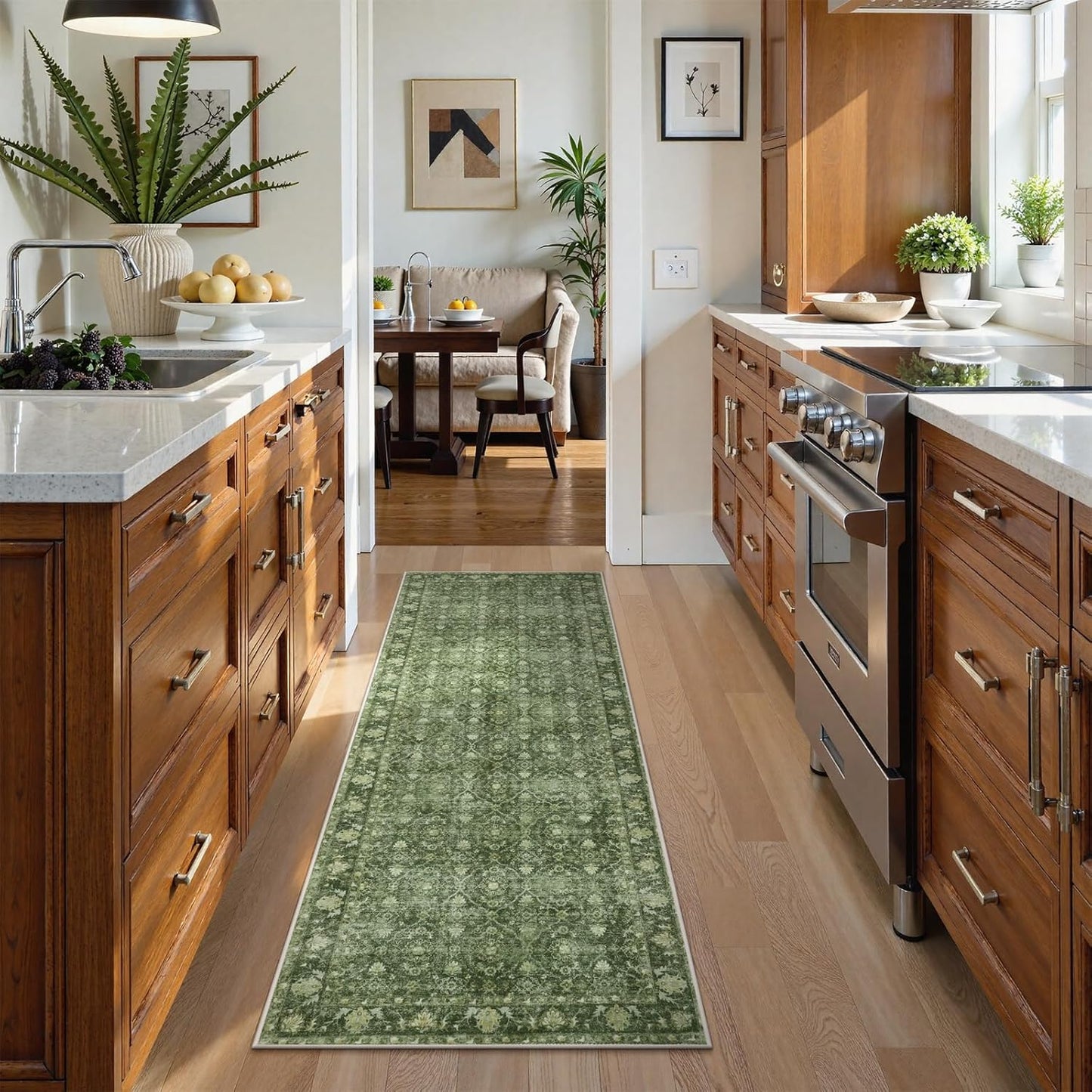 Vintage Green Washable 2x6 Runners for Hallways, Boho Kitchen Runner Rug Non Skid, Soft Low Pile Floor Carpet for Entry Bathroom Bedside High Traffic Area (2'x6', Green)