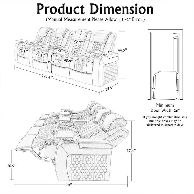 Home Theater Seating, Living Room, Powered Headrest, Powered Lumbar, Italian Leather, Powered Recline, Single Recliner (Black, Row of 4 Loveseat Right)