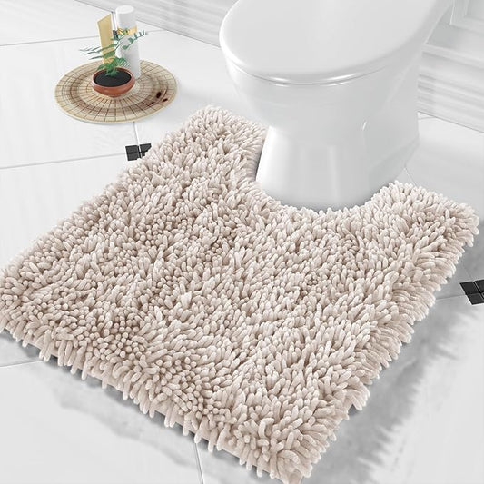 Yimobra Toilet Rugs U Shaped Washable, Extra Thick Soft Absorbent Chenille Contour Bathroom Rugs for Toilet 24x20 Inch, Quick Dry Non Slip Toilet Mat for Bath Floor, Khaki