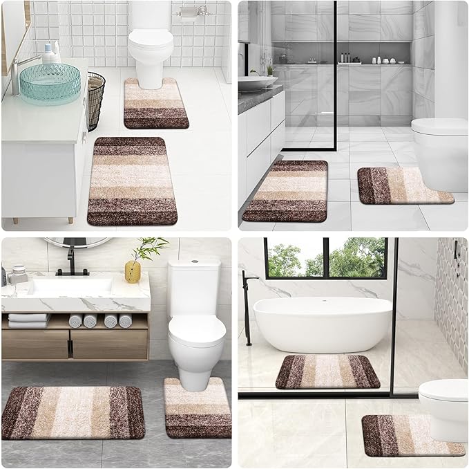 OLANLY Bathroom Rug Set 2 Piece, Soft Absorbent Microfiber Bath Mats and U-Shaped Contour Toilet Rug, Non-Slip, Machine Wash Dry, Plush Shaggy Bath Mats for Bathroom (24"x16"+24"x20", Brown)