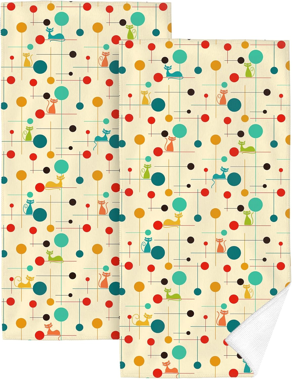 Mid Century Modern Cats Bath Hand Towels Set of 2 Soft Absorbent Retro Decorative Towel for Bathroom Home Kitchen Sports Gym Yoga 14"x28" Yellow Bathroom Decor