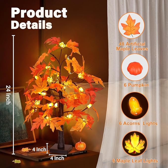 2 Pack 24 Inch Fall Maple Tree with 48LED Battery Operated Lighted Tabletop Artificial Tree with Pumpkin Acorn Maple Fall Centerpieces Indoor Fall Decorations for Home Office Thanksgiving Table Decor