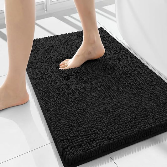 Smiry Luxury Chenille Bathroom Rugs 34x21, Extra Soft and Absorbent Shaggy Bath Mat, Machine Washable, Non-Slip Plush Carpet Runner for Tub, Shower, and Floor, Home Decor Accessories, Black