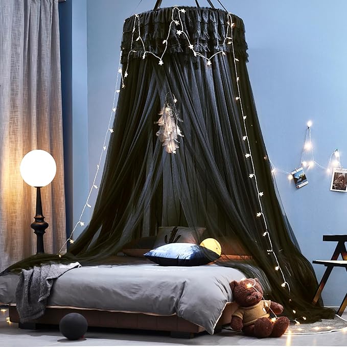 Kertnic Dreamy Bed Canopy for Girls, Princess Canopy Curtains Double Layer Sheer Mesh, Kids & Adults Canopies Netting Room Decor Tent Mosquito Net for Queen King Bed (Double Layer-Black)