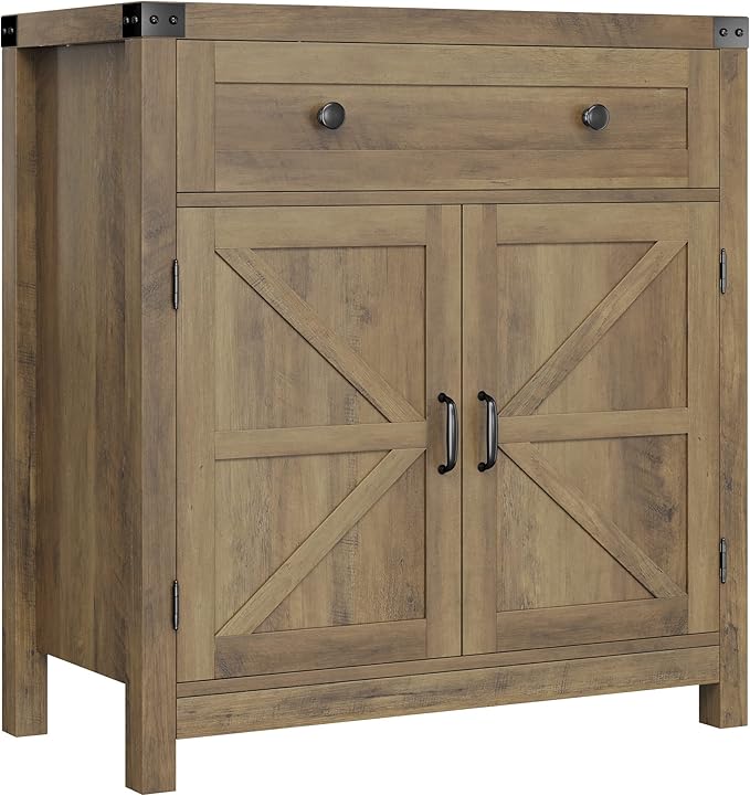 HOSTACK Coffee Bar Cabinet, Kitchen Storage Cabinet, Modern Farmhouse Buffet Sideboard with Drawer and Adjustable Shelf, Barn Door Accent Cabinets for Kitchen, Dining Room, Entryway,Rustic Brown
