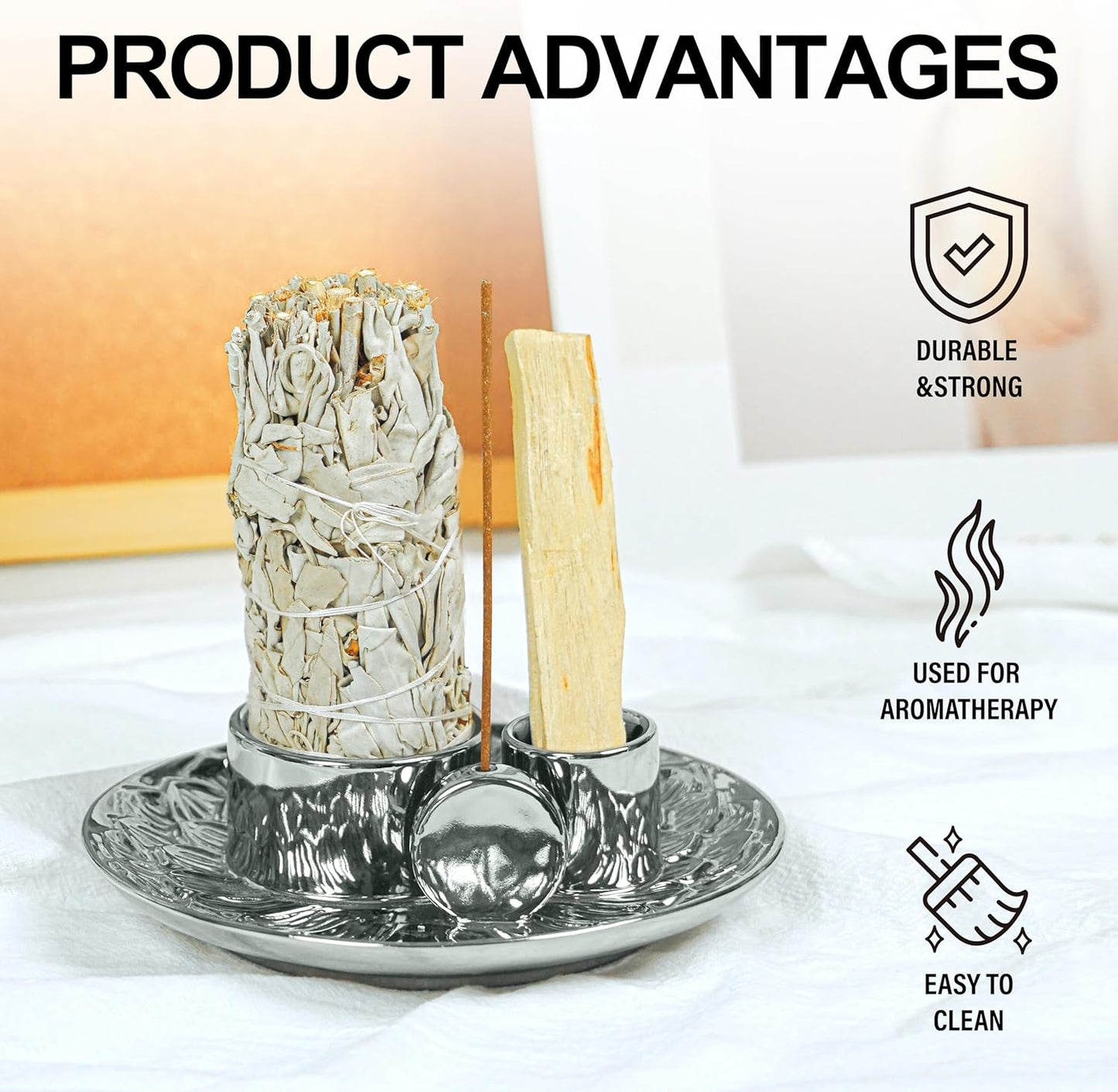 4 in 1 Incense Holder, Ceramic Incense Stick and Palo Santo Holder,Sage Holder for Burning- 5.5" Ceramic Ash Catcher Tray for Meditation and Yoga Room (Silver)