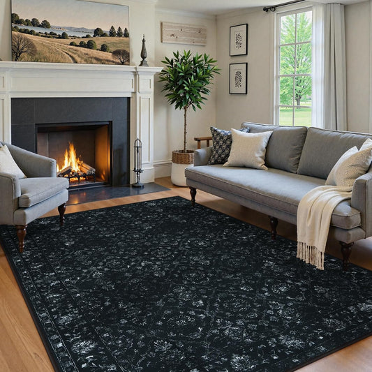 Vintage Black Rug for Bedroom, Non Slip Washable Area Rugs 5x7 for Living Room, Ultra-Thin Soft Boho Bedroom Rug for Dining Room Office (5'x7', Black)