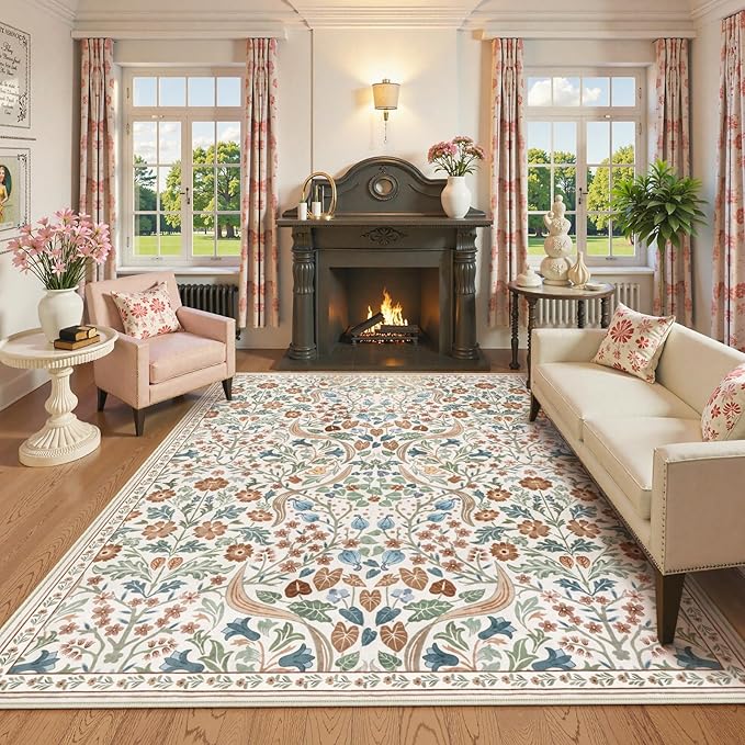 Lahome Floral 8x10 Rugs for Bedroom, Washable Beige Area Rug for Nursery Playroom, Botanical Soft Boho Carpet for Kids Room, Living Room Indoor