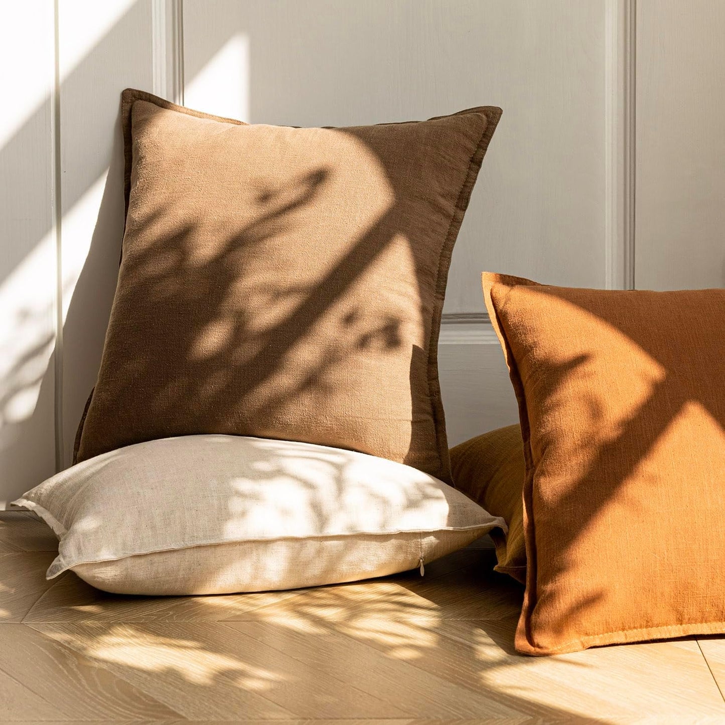 Foindtower Pack of 2, Decorative Linen Soild Throw Pillow Covers Soft Accent Cushion Case Boho Farmhouse Neutral Pillowcase for Chair Couch Sofa Bedroom Living Room Home Decor 24 x 24 Inch Light Brown