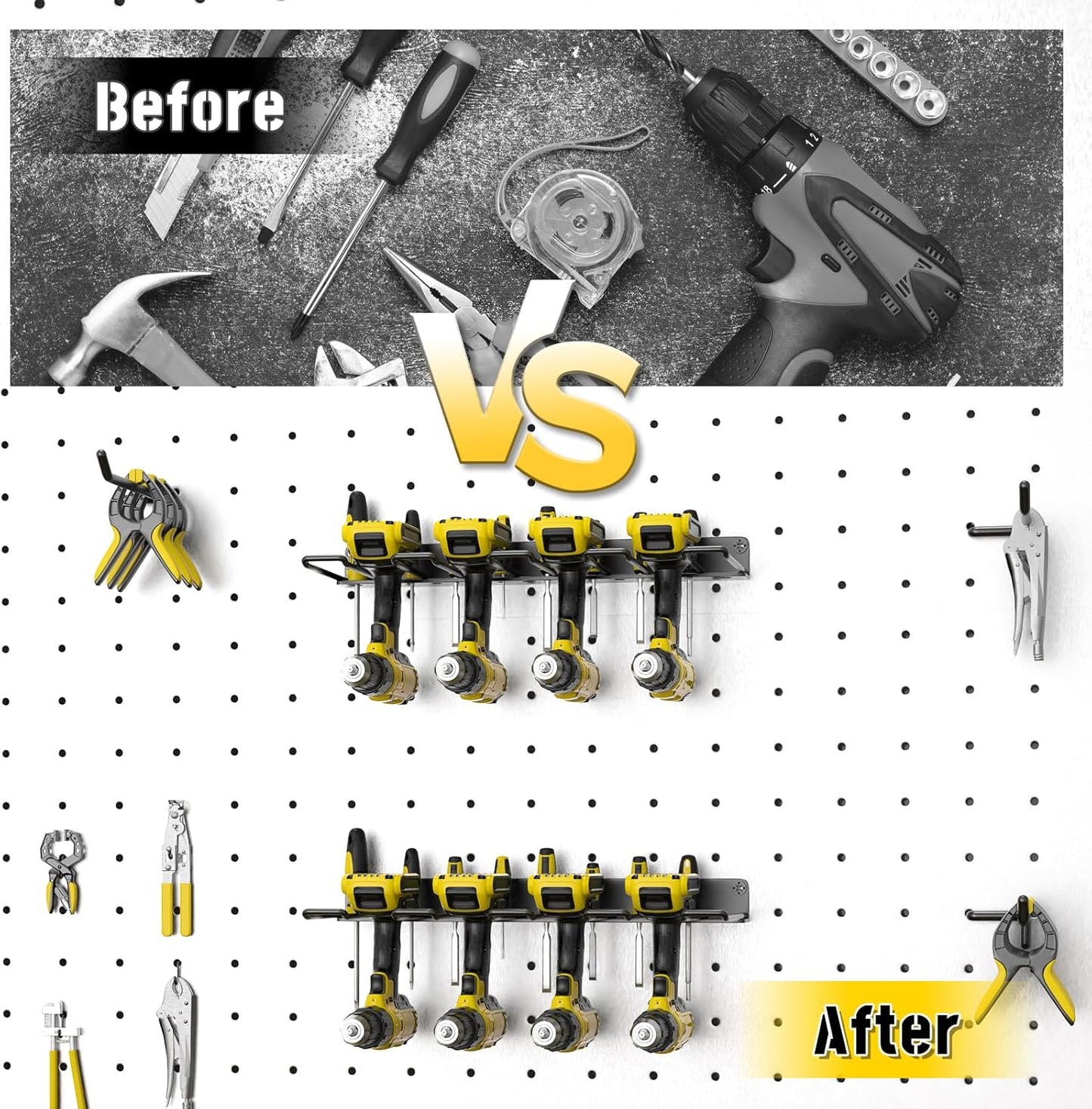 2 Pack Drill Holder Wall Mount, Power Tool Organizer, 4 Cordless Metal Drill Racks with Screwdriver Hole, Heavy Duty Garage Tool Organizer Storage Rack for Workshop Tool Room Basement
