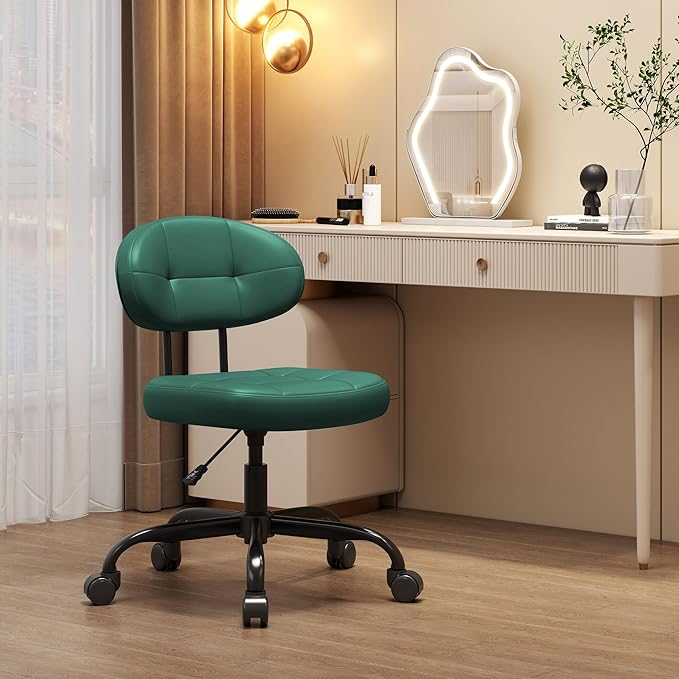 Misolant Vanity Chair with back, Small Armless Cute office Chair with wheels and Lumbar support, Comfy PU Leather Desk Computer Chairs with Adjustable Height, 360°Swivel for Home Bedroom Office, Green