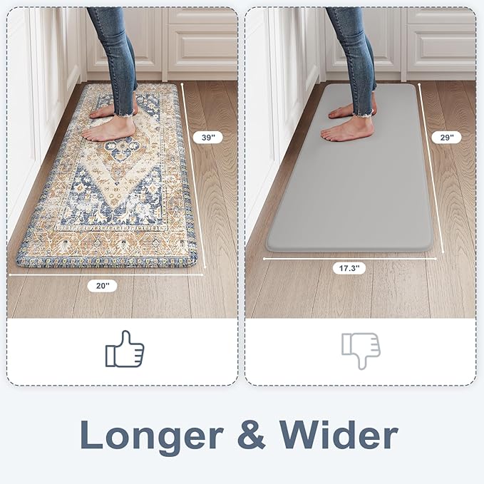 KIMODE Anti Fatigue Kitchen Mat 20"x39", Boho Vintage Kitchen Rug, Non Slip Kitchen Mats for Floor, Cushioned Kitchen Floor Mats, Standing Desk Mat for Sink, Laundry, Office, Desk Blue and Gold