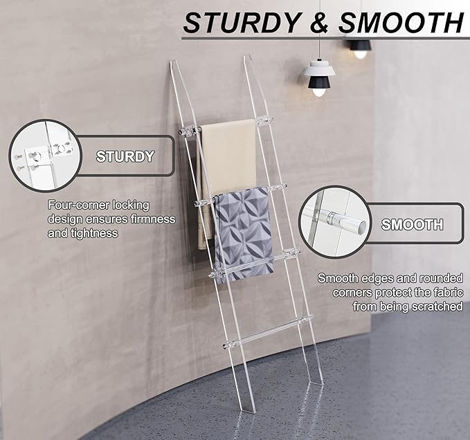 67 in Blanket Ladders, 4 Tier Modern Decor Waterproof Towel Rack for Bathroom, Living Room and Bedroom, Easy Assembly Transparent Blanket Holder, Leaning Quilt Ladder with Anti Slip Pads