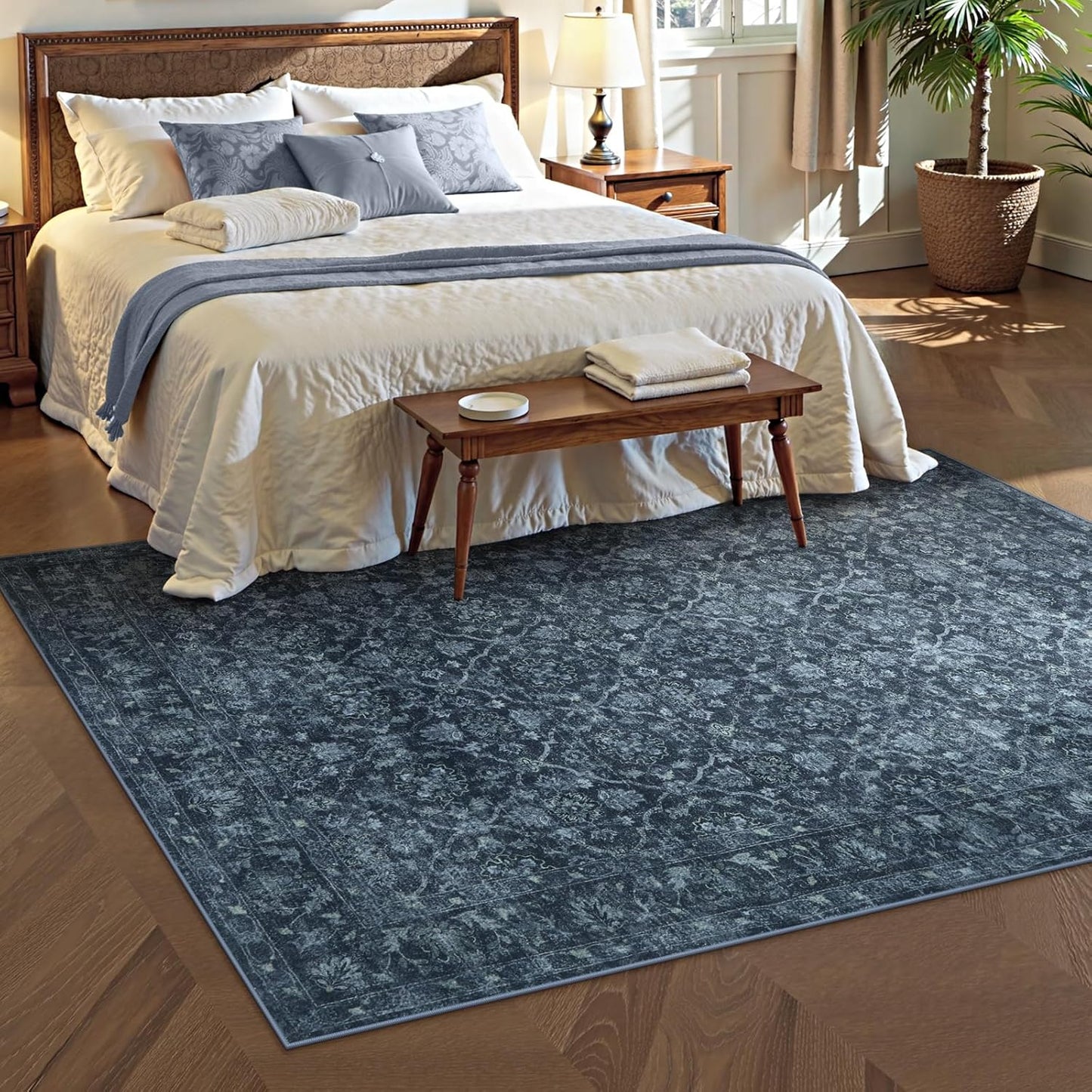 Vintage Navy Blue Rugs for Bedroom, Washable Moroccan 5x7 Rug for Living Room Non Slip, Stain Resistant Boho Dining Room Rug for High Traffic Area (5'x7', Blue)