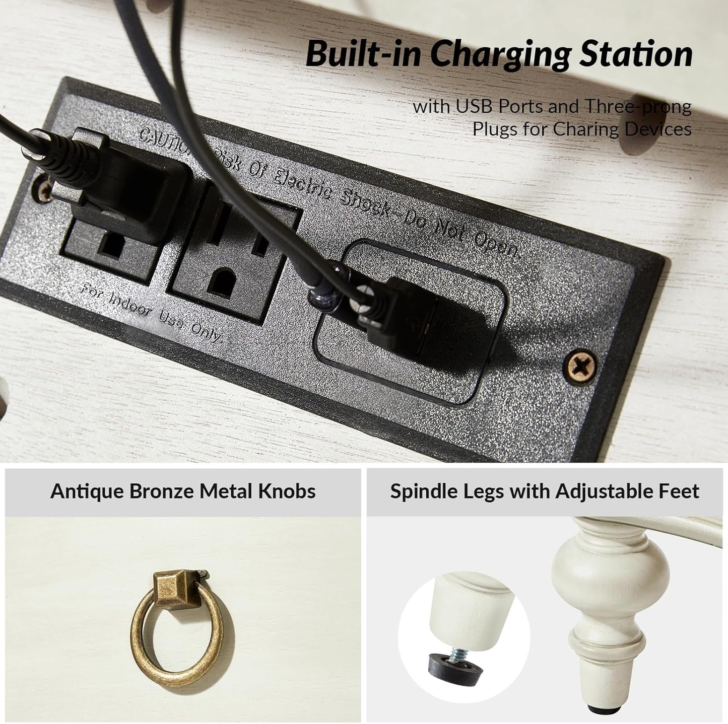 HULALA HOME Wood Nightstand with Charging Station, 3 Drawer Traditional Nightstands, End Table with Solid Wood Legs for Bedroom, USB Ports & Three-Prong Plugs, White