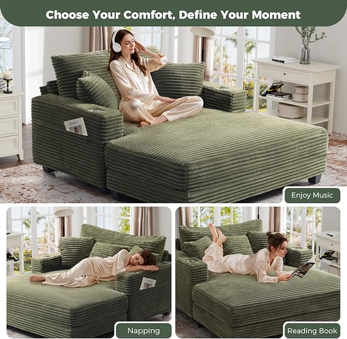 HUSFU Chaise Lounge Chair Indoor, 60'' Oversized Sleeper Sofa, Chaise Lounge Reading Chairs for w/Cup Holder and USB&Type C Port, Fluffy Plush Faux Fur Cloud Sofas Couches for Living Room, Green