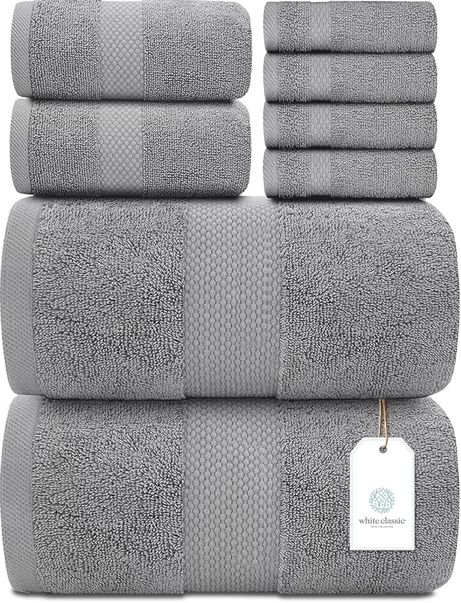 White Classic Luxury Bath Towel Set of 8 Pieces - 100% Turkish Cotton Highly Absorbent Towels for Bathroom, 2 Luxury Bath Towels 700GSM, 2 Hand Towels, 4 Washcloths, Light Gray