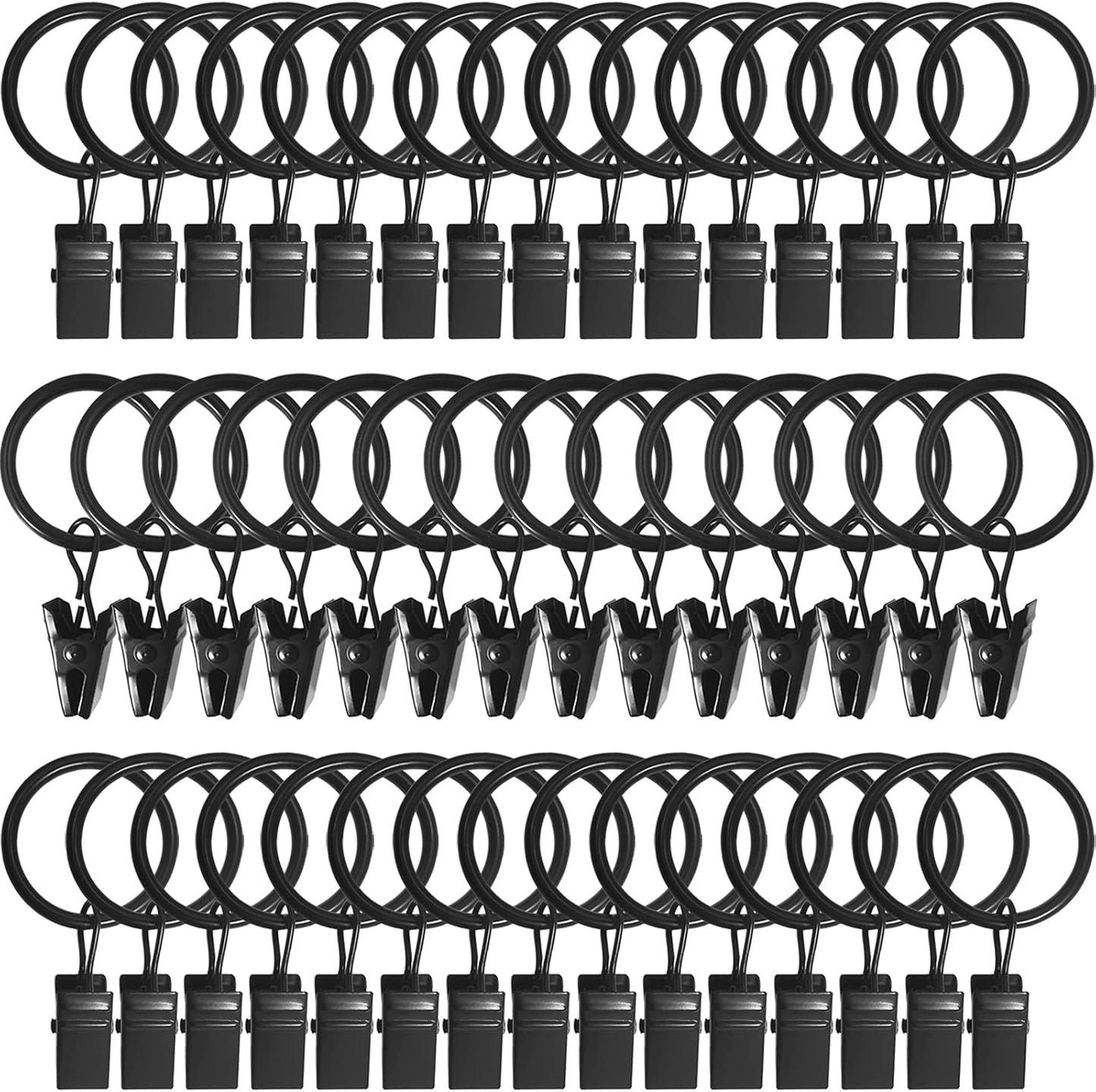 44 Pack Metal Curtain Rings with Clips, Drapery Clips with Rings, Drapes Rings 1 inch Inner Diameter, Fits Diameter 5/8 inch Curtain Rods, Black