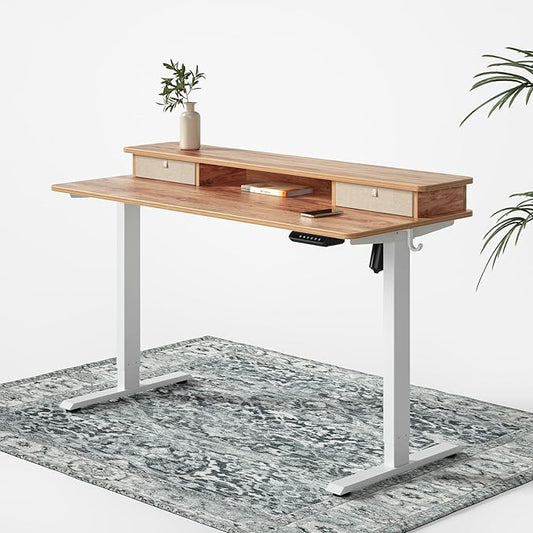 FEZIBO 55 x 24 Inch Whole-Piece Height Adjustable Standing Desk with Double Drawers, Sit Stand Desk, Stand Up Table (Send Two Packages), Light Rustic Top