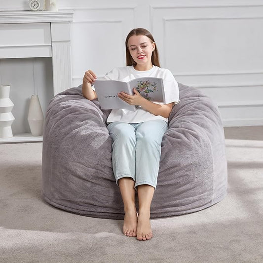 Hobestluk 3ft Bean Bag Chairs for Adults Large Beanbag Chair with Plush Faux Fur Cover Big Bean Bag Chair for Living Room Bedroom Dorm Office - Grey (36” x 36” x 22”)