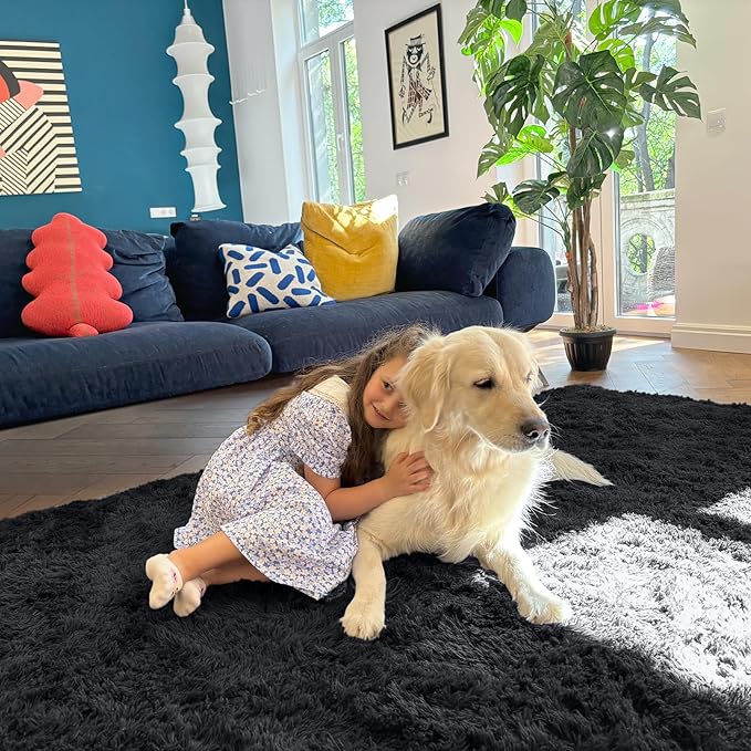 OLANLY 3x5 Machine Washable Small Bedside Rug, Soft Fluffy Shaggy Rugs for Living Room, Bedroom, Indoor Floor Carpet for Kids Girls and Boys, Preppy Dorms, Nursery, Home Decor Aesthetic, Black