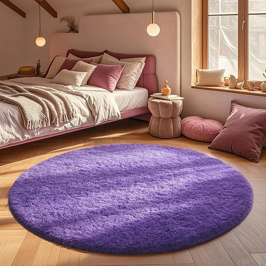 Ophanie Round Rugs 5Ft Purple Circle Area Rug, Cute Room Decor for Teen Girls, Fluffy Fuzzy Bedroom Carpet, Plush Soft Shaggy Living Room Rugs for Kids Home Decor Aesthetic, Nursery