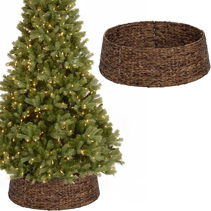 SUNNYPARK Christmas Tree Collar, 28’’ Hand-Woven Natural Water Hyacinth Christmas Tree Collar Basket Base Cover - Chestnut Brown