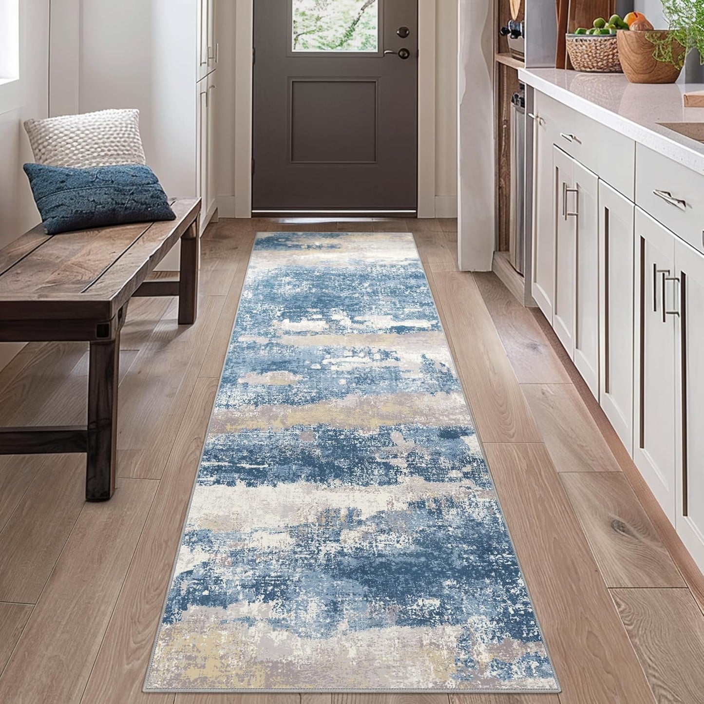 Runner Rug for Hallway Kitchen 2x6 Machine Washable Runners Rug for Entryway, Blue Cream Soft Modern Abstract Throw Rugs, Floor Carpet with Non Slip Rubber Backing