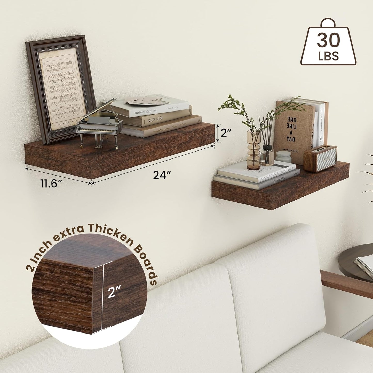 Deep Floating Shelves for Wall - 24 Inch Wide x 12 Inch Deep Rustic Wood Floating Shelves Set of 2 - Large Wall Mounted Wood Shelves for Laundry Room Living Room Kitchen Home Office