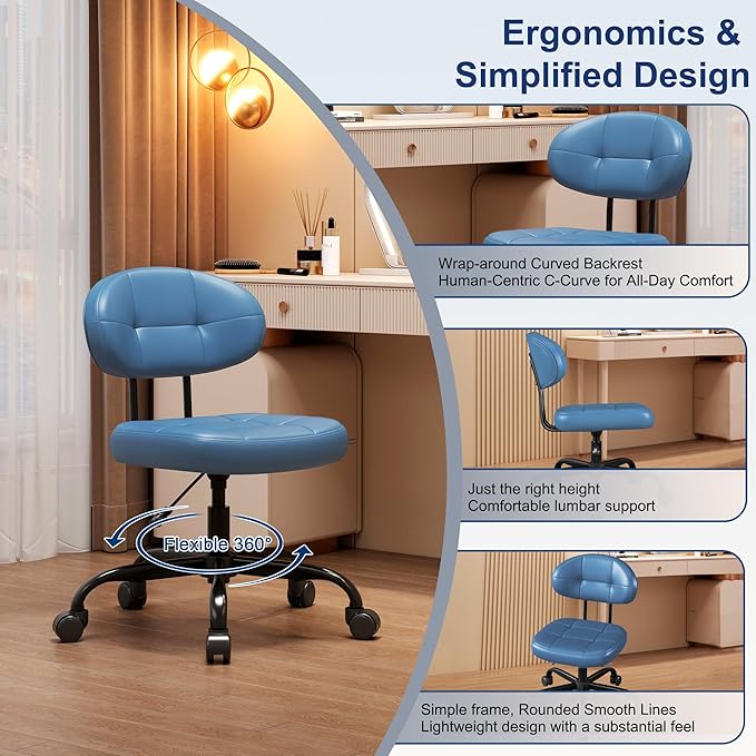 Misolant Vanity Chair with Back, Small Armless Cute Office Chair with Wheels and Lumbar Support, Comfy PU Leather Desk Computer Chairs with Adjustable Height, 360° Swivel for Home Bedroom, Navy Blue