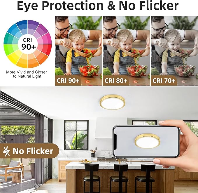 Hlite 6pack 9 Inch Flush Mount LED Ceiling Light Fixture,18W 1800LM Super Slim Light Fixtures Ceiling Mount 3000K/4000K/5000K 3CCT Selectable,Light Fixtures for Kitchen,Bedroom (Gold)