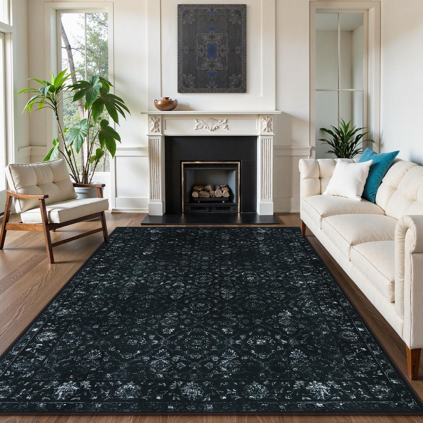 Vintage Washable Black Rugs for Bedroom, Ultra-Thin Soft 6x9 Area Rugs for Living Room Non Slip, Stain Resistant Boho Carpet Rug for Dining Room Office (6'x9', Black)