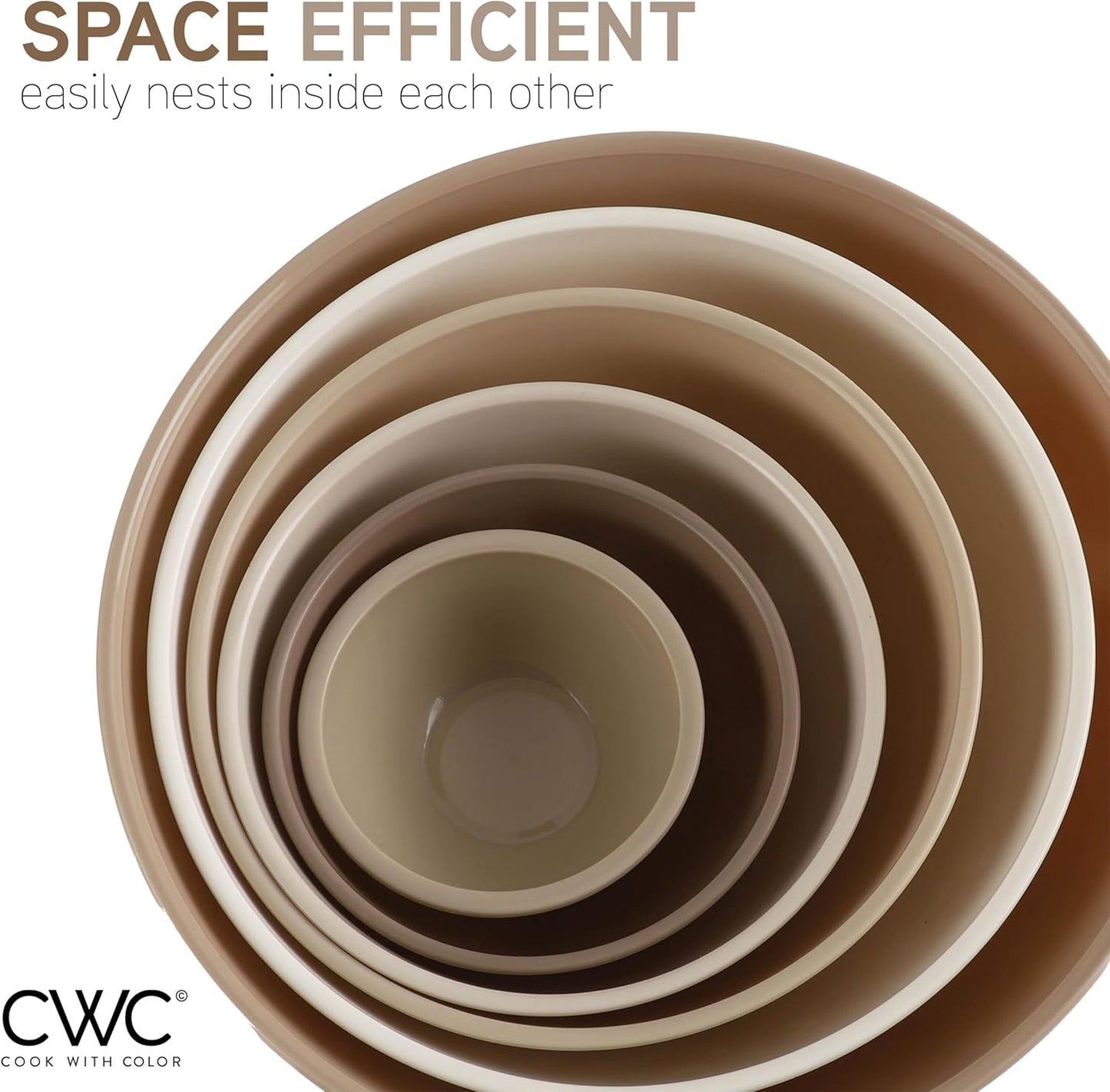 COOK WITH COLOR Mixing Bowls with TPR Lids - 12 Piece Plastic Nesting Bowls Set includes 6 Prep Bowls and 6 Lids, Microwave Safe (Brown)