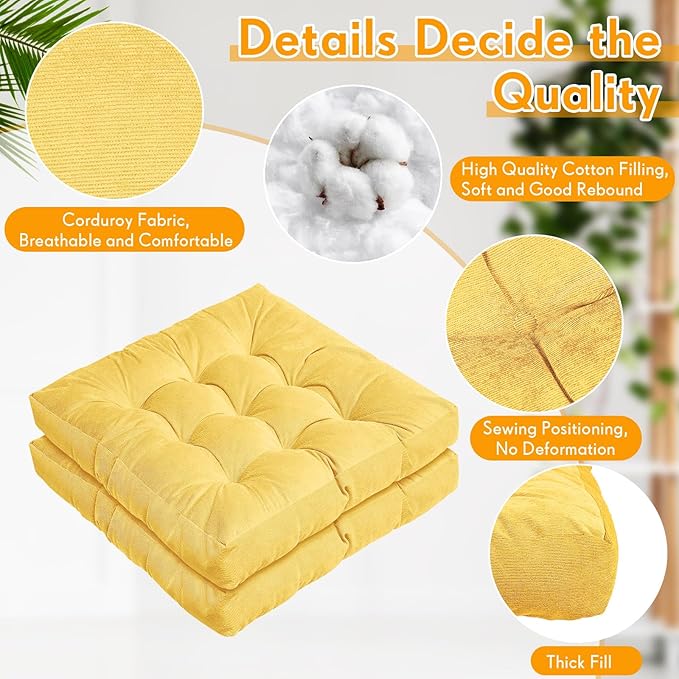 Jerify 4 Pcs Floor Pillow Cushions 22 x 22 Inch Round Square Large Meditation Floor Pillow for Classroom Adult Meditation Picnic Party Cushion for Seating Gift Christmas(Yellow,Square)