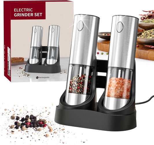 Electric Pepper & Salt Grinder Set, Automatic Seasoning Mill, Type-C Rechargeable Coarseness Adjustable, with LED Light, 95ml Enlarged Silo & Washable Storage Base, Stainless Steel