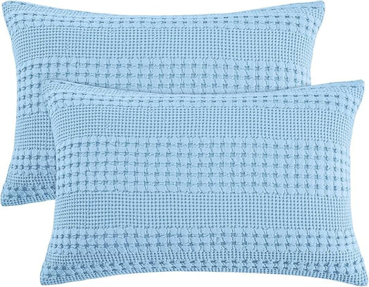 PHF Waffle Weave Pillow Shams Queen Size, 2 Pack 100% Cotton Pillowcases 20" x 30", No Insert, Soft & Breathable Aesthetic Woven Pillow Case Covers for Bedroom Decor, Sky Blue