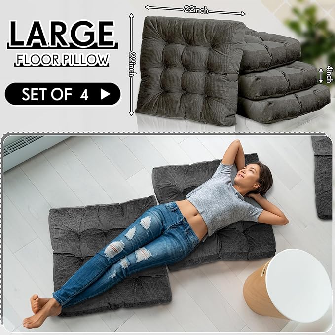 Jerify 4 Pcs Floor Pillow Cushions 22 x 22 Inch Round Square Large Meditation Floor Pillow for Classroom Adult Meditation Picnic Party Cushion for Seating Gift Christmas(Dark Grey,Square)
