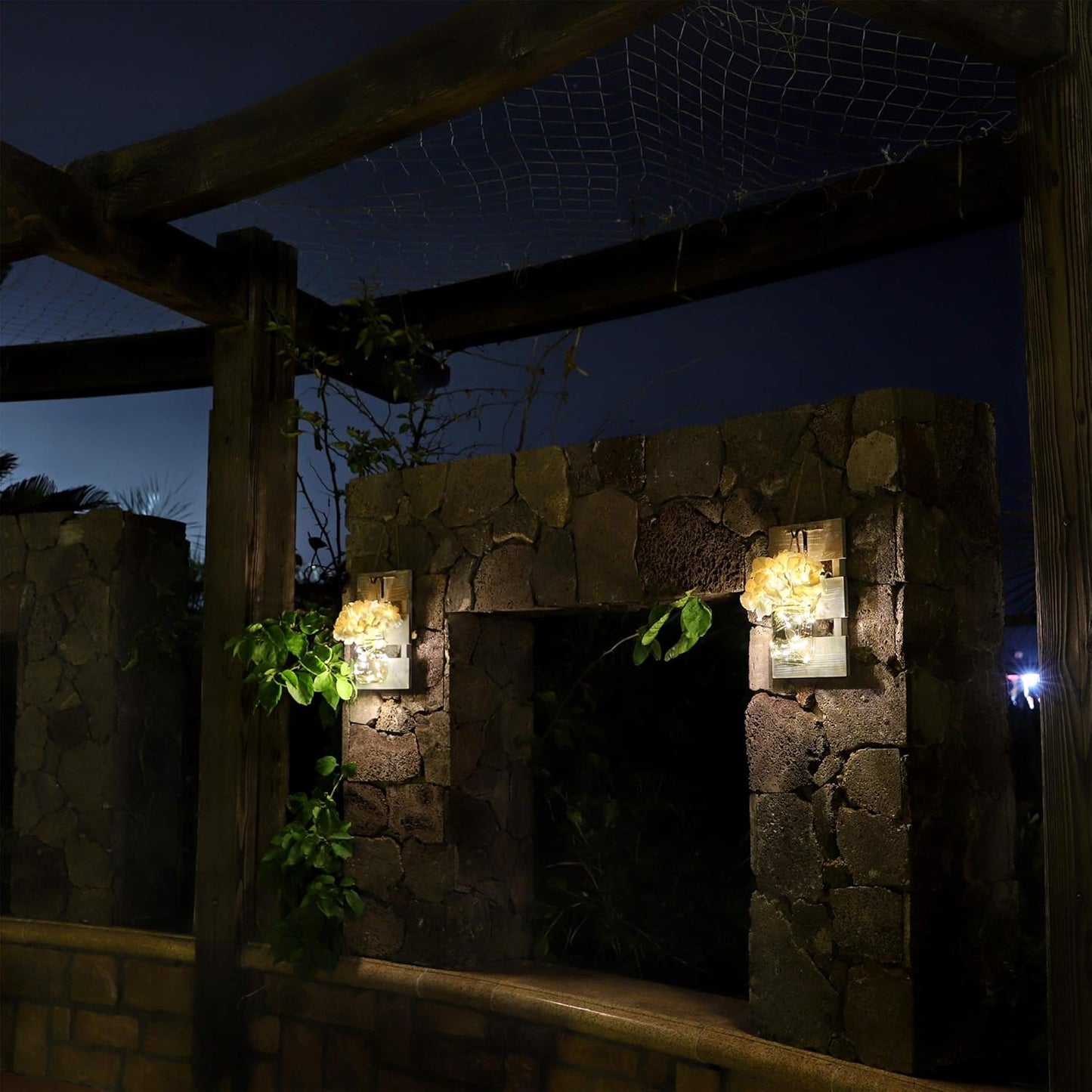 HOMKO Mason Jar Wall Decor with LED Fairy Lights and Flowers - Farmhouse Home Decor (Set of 2)