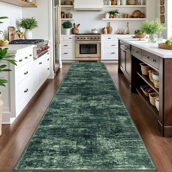 IOHOUZE Abstract Runner Rug 3x14 Ft Washable Runners for Hallways, Non Slip Kitchen Runner Printed Faux Wool Entryway Runner Indoor, Modern Abstract Floor Carpet for Hall Stair, Dark Green