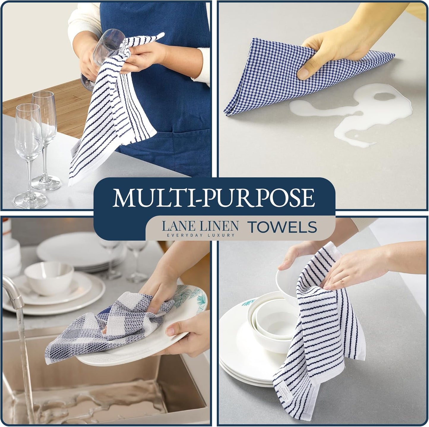 LANE LINEN Flour Sack Dish Towels Set - 20 Pc Kitchen Towel Set with Pot Holders and Oven Mitts,100% Cotton Kitchen Towels, Absorbent Dish Towels: Indigo