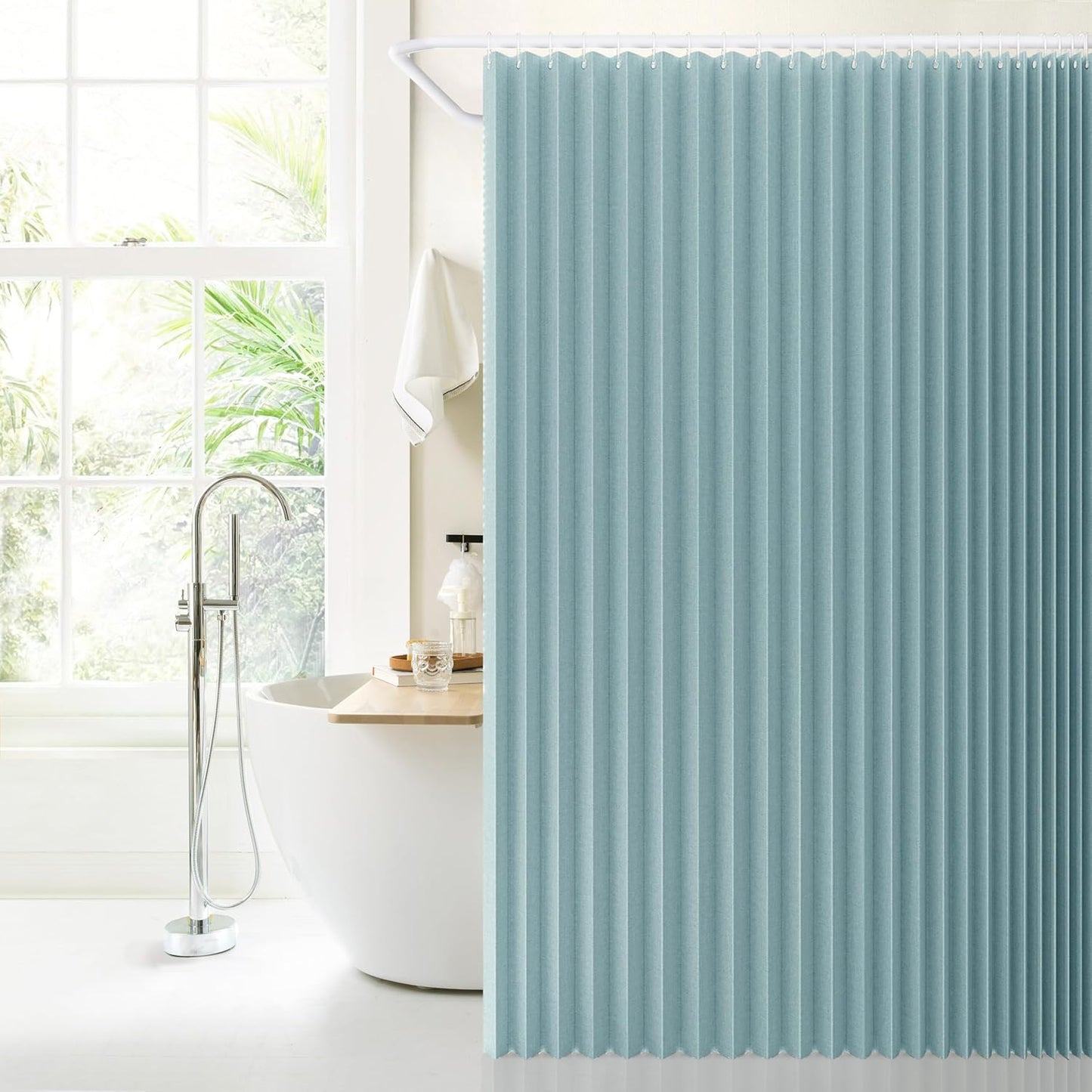 Jubilantex Folding Linen Shower Curtain for Bathroom Blue Waterproof Shower Curtain 1 Panel with 14 Metal Grommets and 1 Tie Back for Hotel,70"x70"