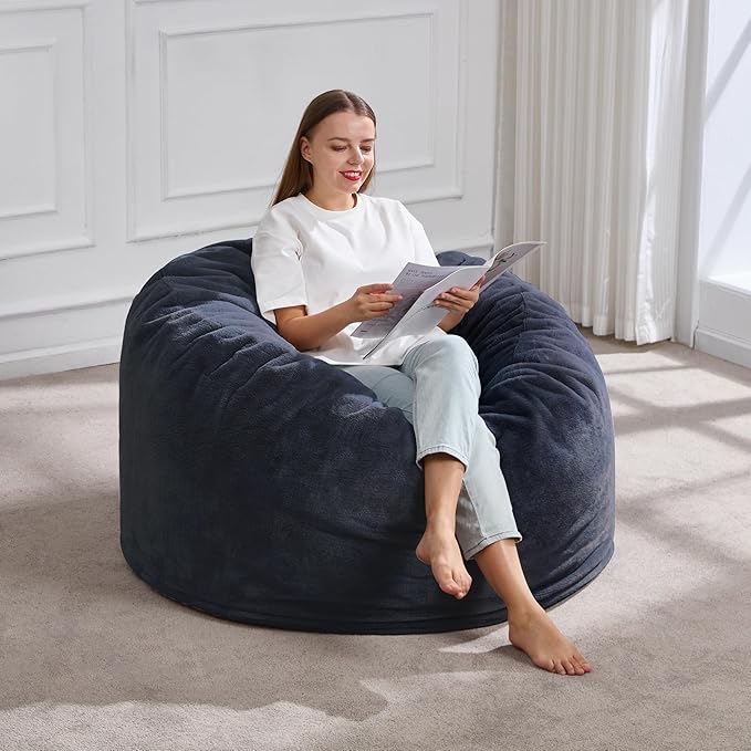 Hobestluk 3ft Bean Bag Chairs for Adults Large Beanbag Chair with Plush Faux Fur Cover Big Bean Bag Chair for Living Room Bedroom Dorm Office - Dark Grey (36” x 36” x 22”)