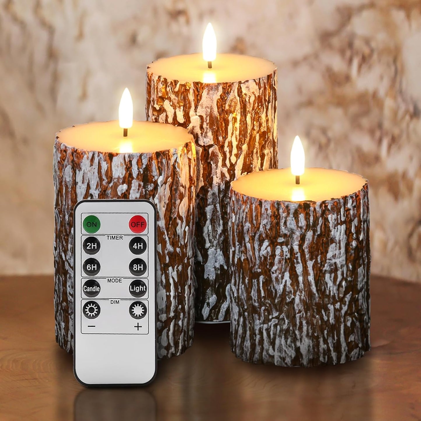 Eywamage Brown Pine Bark Flameless Pillar Candles with Remote, Farmhouse Battery Operated LED Wood Candles Set of 3