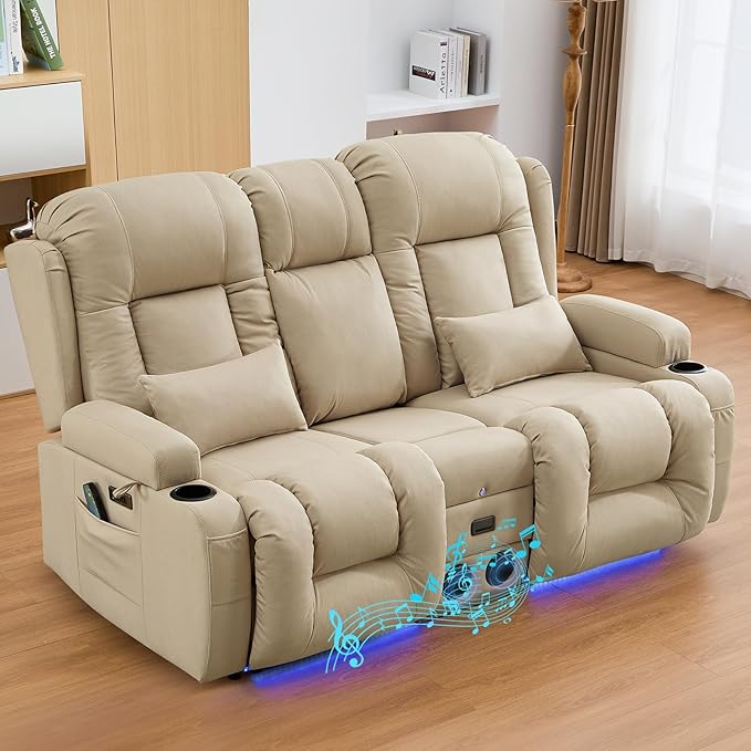 IPKIG 67" Power Reclining Loveseat Sofa, Electric Home Theater Seating with Console/4 Colors Ambient Lighting/Bluetooth Speakers/USB Ports/Built-in Outlets (Beige, Loveseat Recliner)