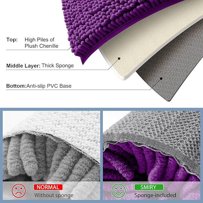 Smiry Luxury Chenille Bathroom Rugs 30x20, Extra Soft and Absorbent Shaggy Bath Mat, Machine Washable, Non-Slip Plush Carpet Runner for Tub, Shower, and Floor, Home Decor Accessories, Violet