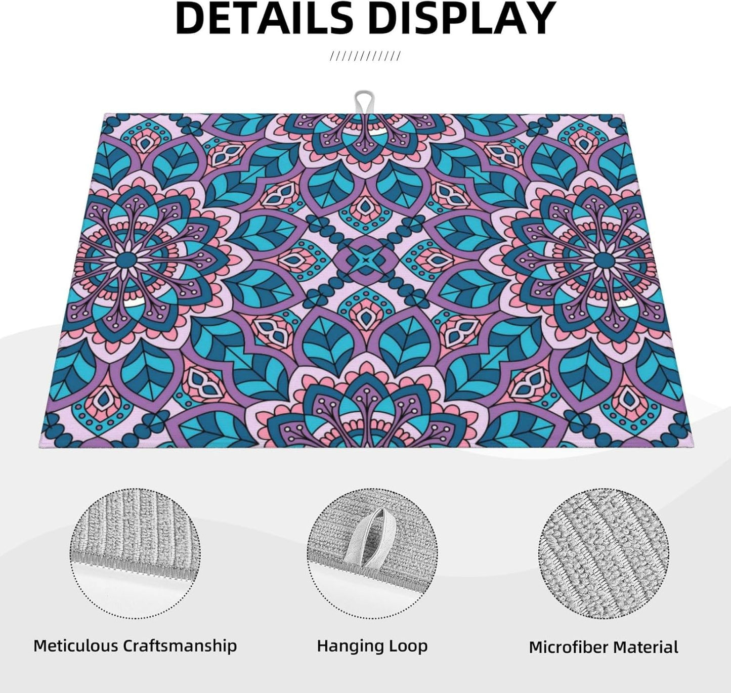 Boho Blue Purple Floral Pattern Dish Drying Mat 18x24 For Kitchen Counter Absorbent Microfiber Dishes Pad Dish Drainer Rack Mats Fast Dry Kitchen Accessories