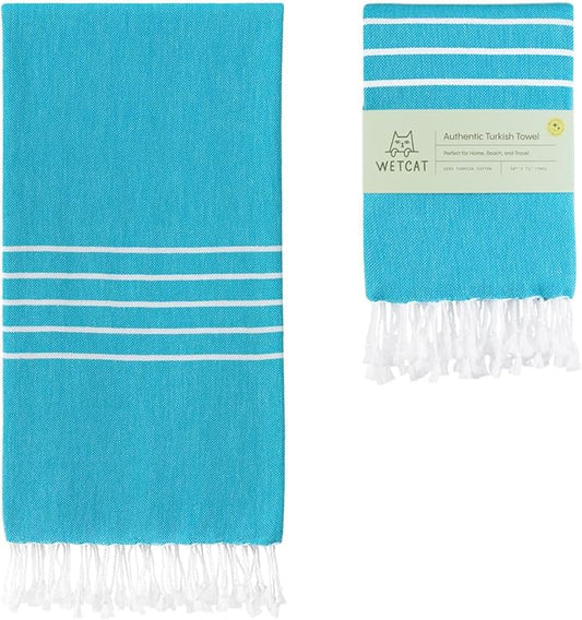 WETCAT Turkish Beach Towel Oversized (38"x71") 100% Turkish Cotton, Made in Turkey - Sand Free, Extra Large, Ultra Soft, Quick Drying, Compact & Lightweight for Travel - Ocea Blue