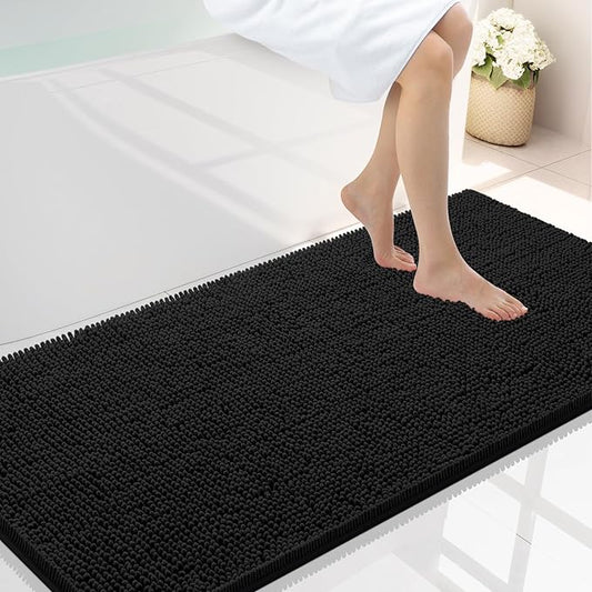 Smiry Luxury Chenille Bathroom Rugs 47x24, Extra Soft and Absorbent Shaggy Bath Mat, Machine Washable, Non-Slip Plush Carpet Runner for Tub, Shower, and Floor, Home Decor Accessories, Black