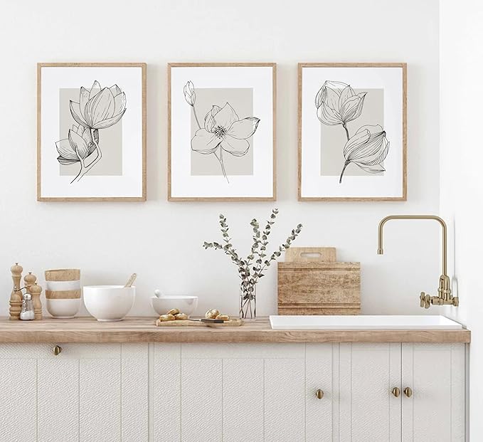 3Pcs Neutral Botanical Canvas Wall Art Beige Simple floral Painting Pictures Wall Decor Vintage Line flower Poster Print Artwork for Living Room Bedroom Bathroom Scene Home Decoration Unframed