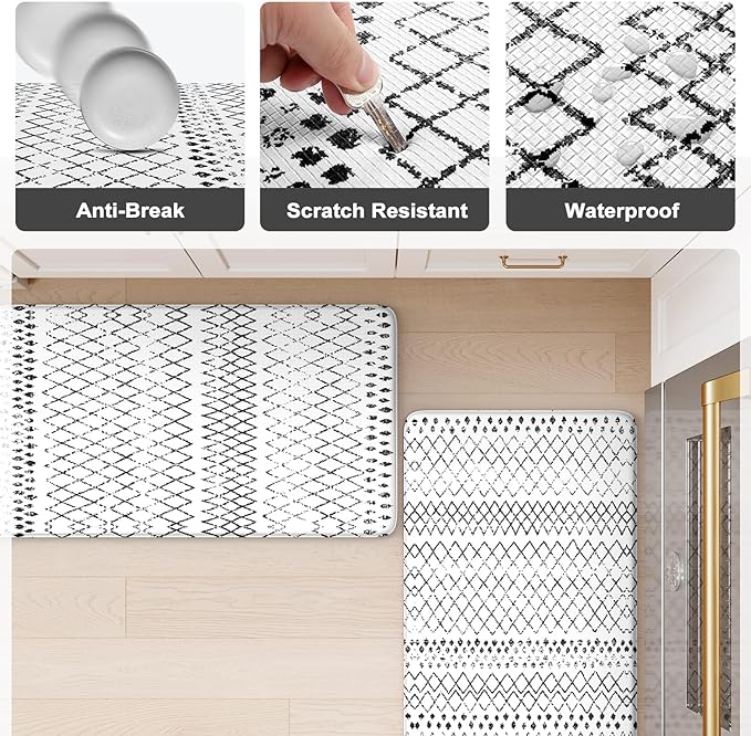 KIMODE Anti Fatigue Kitchen Mats for Floor,17.3" x 29" Black and White Cushioned Kitchen Rugs,Non-Slip Waterproof Wipe Clean Kitchen Sink Standing Mat for Corner Sink,Kitchen Floor
